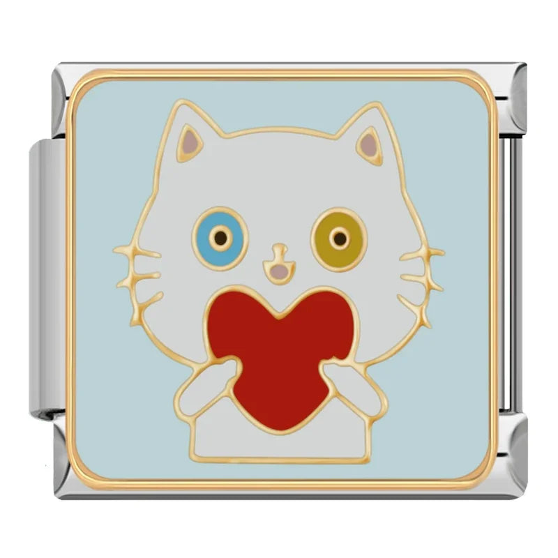 White Cat Red Heart Charm