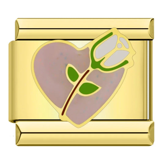 White Rose Pink Heart Charm