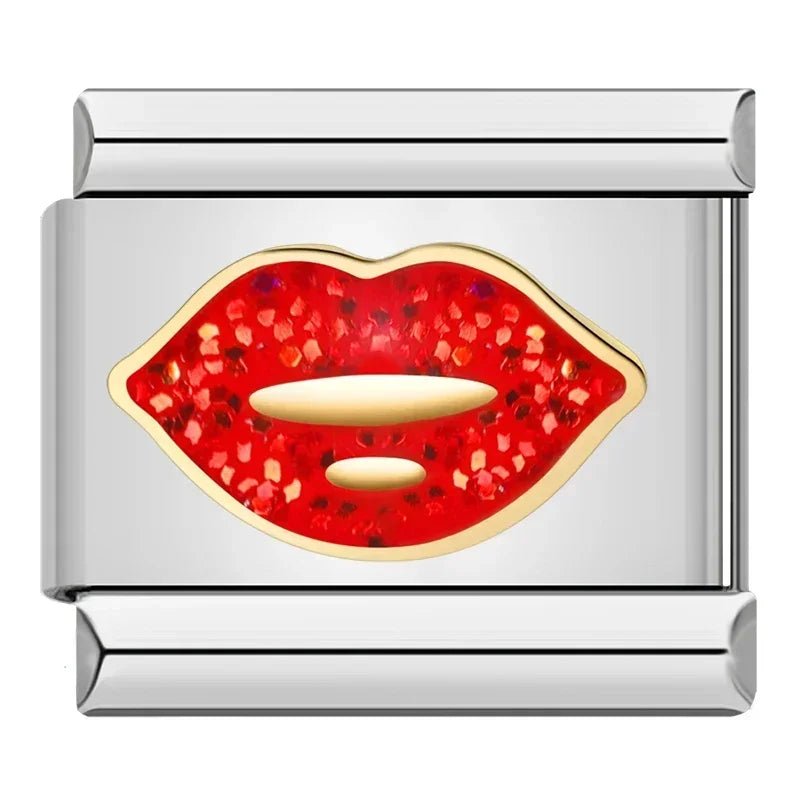 Charm Argent Lèvres Pailletées Rouges