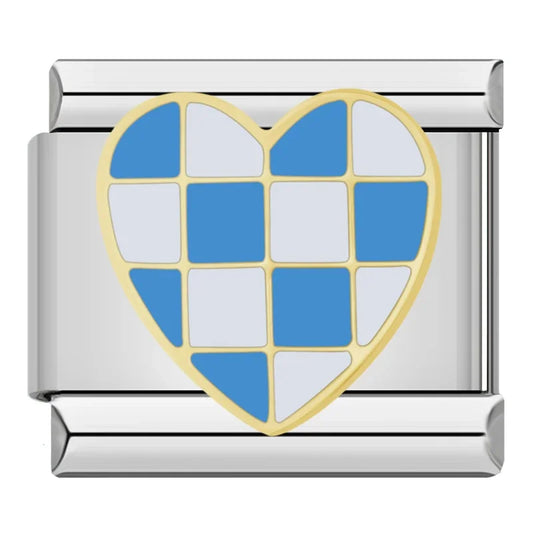 Breloque cœur à carreaux bleus et blancs